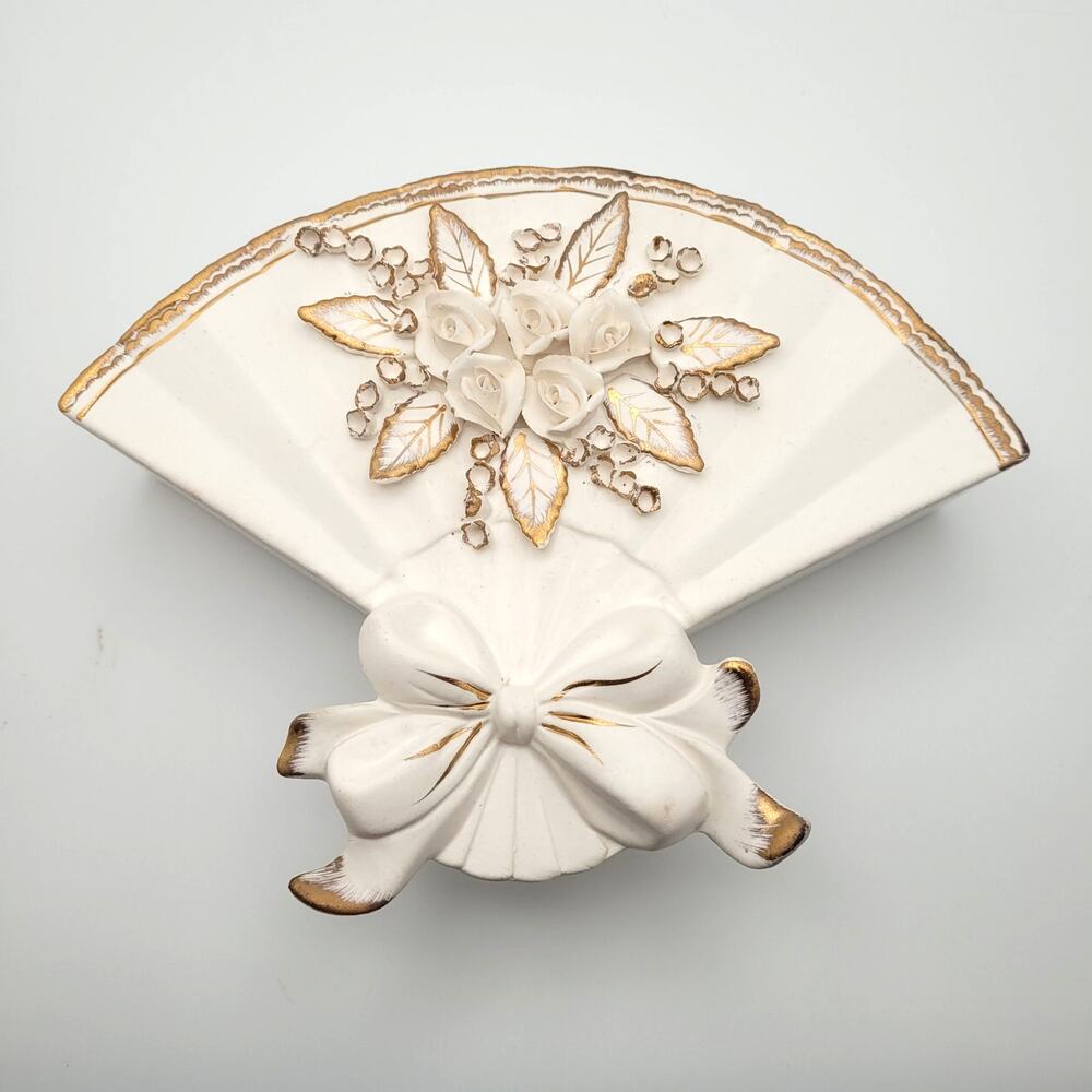 Vintage Wall Pocket Wall Vase White Japan Fan Flowers Leaf Gold Bow 6.5" Cottage